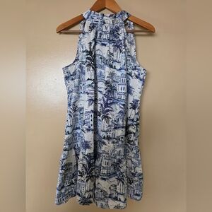 Calypso St Barth L Blue Toile Halter Mini Tiered Dress Open Back Pockets Resort
